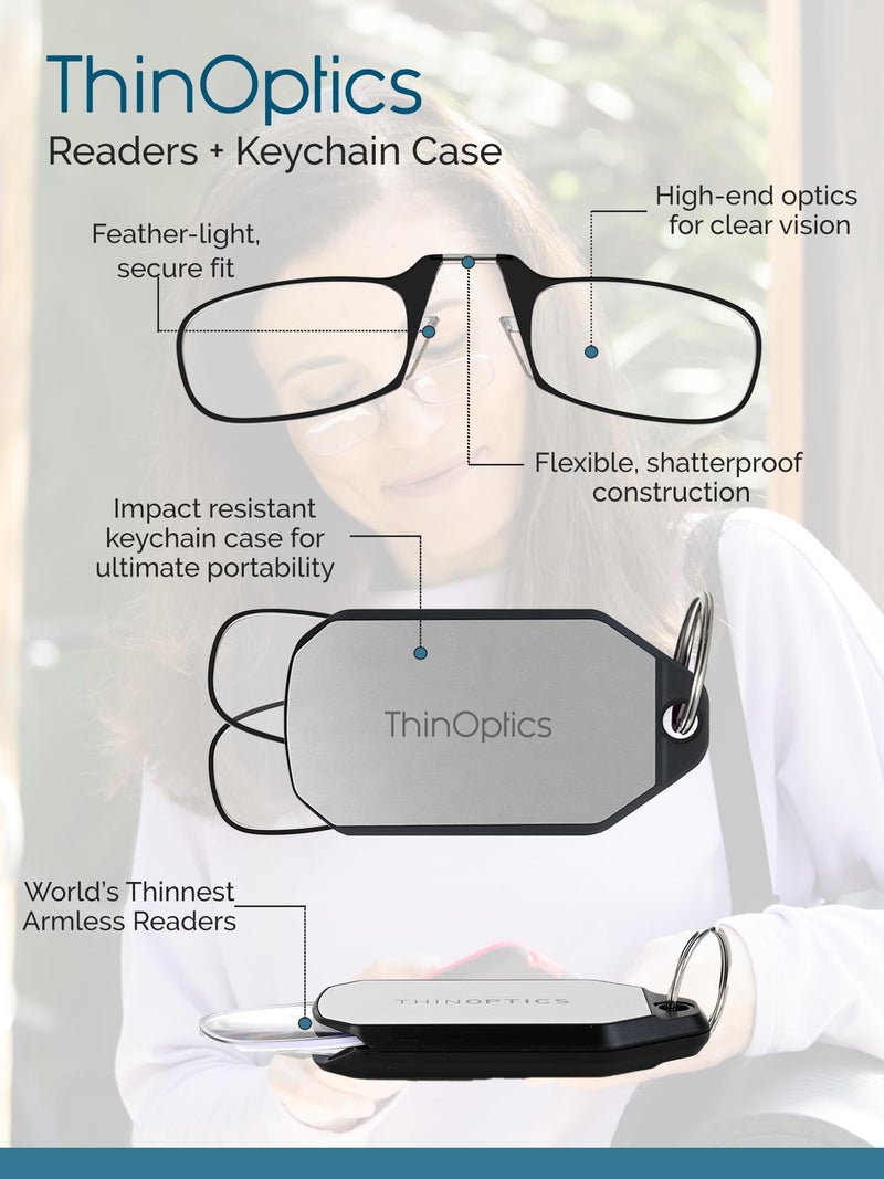 ثين أوبتيكس نظارات قراءة مستطيلة الشكل من ThinOptics Keychain Reader، حافظة سوداء/إطارات زرقاء، 44 ملم + 2 - Image 4